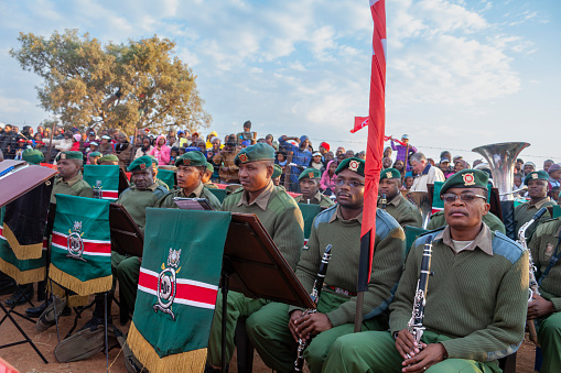 Mmankgodi, Gaborone, Botswana,23 June 2012, Botswana Defense Force brass military orchestra at Toyota desert race 1000, Sechaba, Thebe.