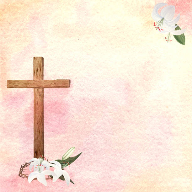 istock Watercolor wooden cross and lilies card for Easter, holy Thursday, religious illustration isolated on white 1959808547