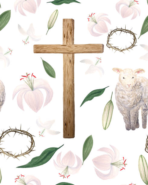 Watercolor wooden cross and lilies card for Easter, holy Thursday, religious illustration isolated on white Watercolor wooden cross, crown of thorns, lily card isolated on white. Illustration for cards, invitations, template, Easter, Passover, Holy Thursday, christening baptism, wedding church decor design. pics of a cross easter lilies stock illustrations