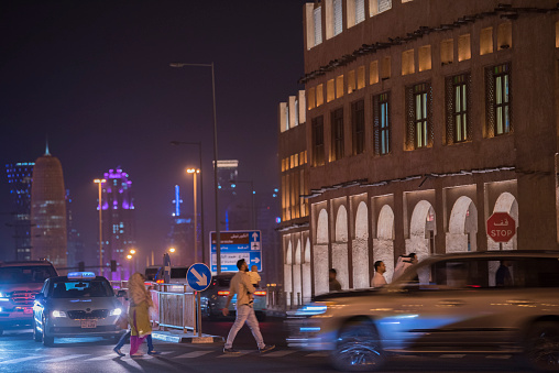 Doha, Qatar- December 23,2022 : Night view of Skyline, Doha's Financial District (West Bay).