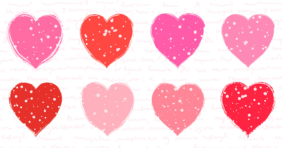 Red and pink textured vector hearts set with irregular rough shapes, speckled with dots in various sizes on background with light handwritten illegible text