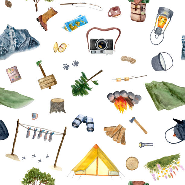 Watercolor hand-painted multidirectional seamless pattern isolated on white. Hiking outdoor tourist symbols. High quality illustration for design. Wrapping wallpaper, scrap paper, cards, textile, invitations guides.