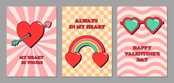 Vector illustration of Set of Valentine's Day cards in retro groovy style. Rainbow with hearts, heart with arrow and love glasses on checkered and striped background. Rectangular templates, backgrounds, posters, wall art.