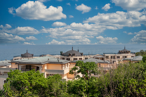 at the shore of the black sea, aerial overview, luxury neighborhood , real estate prime location