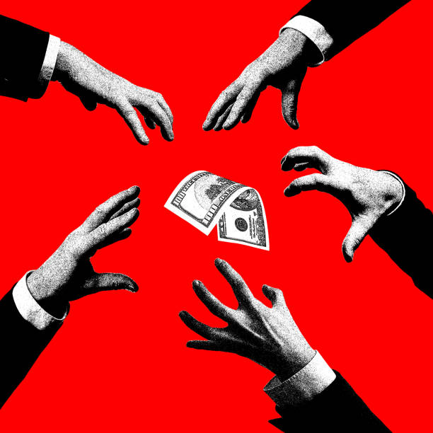 istock Professional competition. Hands trying to reach money on red background. Challenges for financial promotion. Contemporary art collage. 1959822686