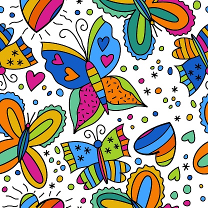 Beautiful seamless pattern with butterflies in modern pop art style. Abstract textile print design. Children room decoration. Editable vector illustration in vibrant colors on a white background