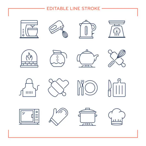 Vector illustration of Editable Line Icons for Kitchenware
