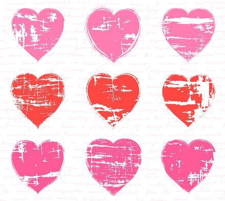 Textured pink and red hearts, vector grunge shapes with various marks, lines, scratches on light pink illegible hand written text for love themed graphic design