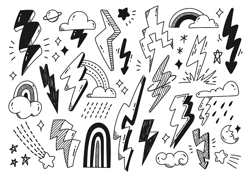 Hand drawn abstract doodles of lightning bolt, cloud and star, vector design element