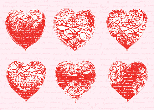 Red distressed vector heart shapes with lace texture and hand written illegible text for Valentine's Day and wedding graphic design