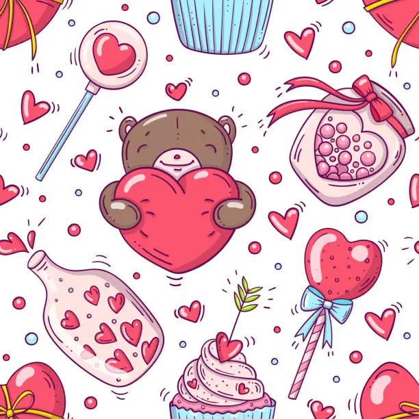 Vector illustration of Bright seamless pattern with valentines day and love objects in doodle style on white background