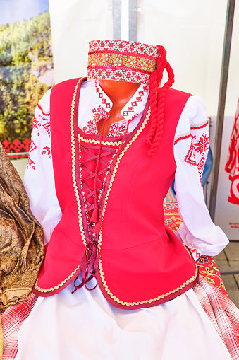 Stylized Belarusian national female costume on mannequin. Close-up