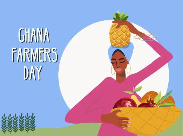 Vector illustration of Ghana farmers day. Female farmer with busket