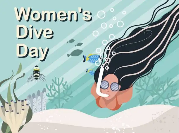 Vector illustration of Woman snorkeling. Women's Diving Day. Underwater world of the ocean, sea, algae, fish.