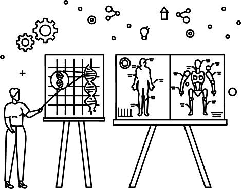 Components of Robot Construction vector icon design, robotic science symbol, special purpose machine sign, Cyborg stock illustration, Scientist Explaining Anatomy of a Humanoid bot concept