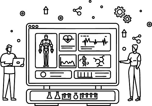 Precision manlike appearance construction vector design, robotic science symbol, special purpose machine sign Cyborg robot stock illustration, Design aesthetics and humanoid bot development concept