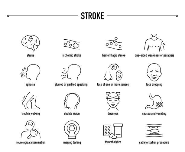 ilustraciones, imágenes clip art, dibujos animados e iconos de stock de iconos vectoriales de síntomas, diagnóstico y tratamiento del ictus - derrame cerebral