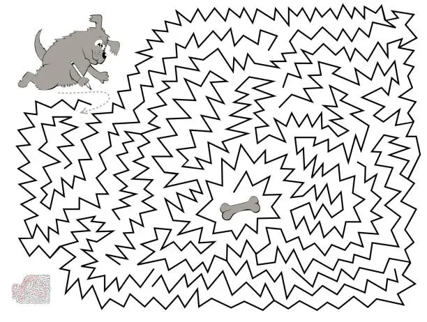 Vector illustration of Logical puzzle game with labyrinth for children and adults. Help the dog find and draw the way till the bone. Printable worksheet for kids brainteaser book. Vector cartoon image.