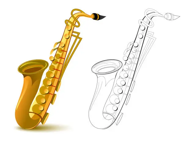 Vector illustration of Colorful and black and white pattern for coloring. Fantasy illustration of metal wind musical instrument saxophone. Worksheet for coloring book for children and adults. Vector image.