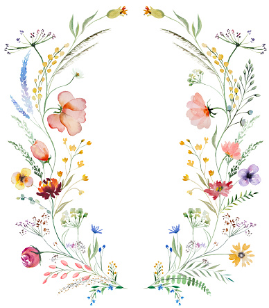 Wreath made of colorful watercolor wildflowers and leaves illustration, isolated, copy space. Floral element for summer wedding stationery and greetings cards