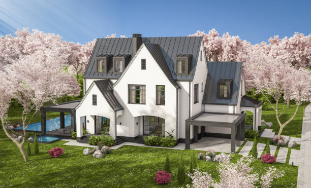 istock 3d rendering of new concrete house in modern style in spring day 1959897537