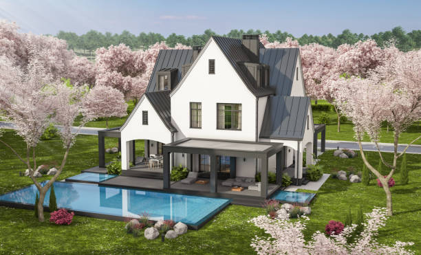 istock 3d rendering of new concrete house in modern style in spring day 1959897540