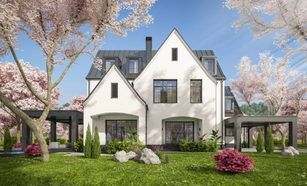 istock 3d rendering of new concrete house in modern style in spring day 1959897816