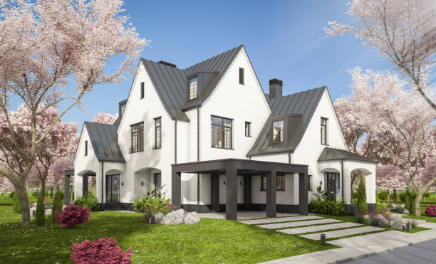 istock 3d rendering of new concrete house in modern style in spring day 1959898308