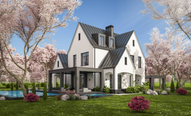 istock 3d rendering of new concrete house in modern style in spring day 1959899149