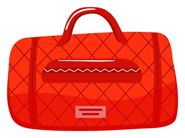 Vector illustration of Red quilted travel bag with elegant design. Stylish luggage accessory for fashion-oriented travelers. Luxurious red handbag with diamond pattern, perfect for high-end fashion boutiques