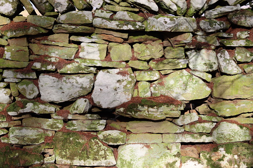 Close up of a section of dry stone wall covered in white and green lichen
