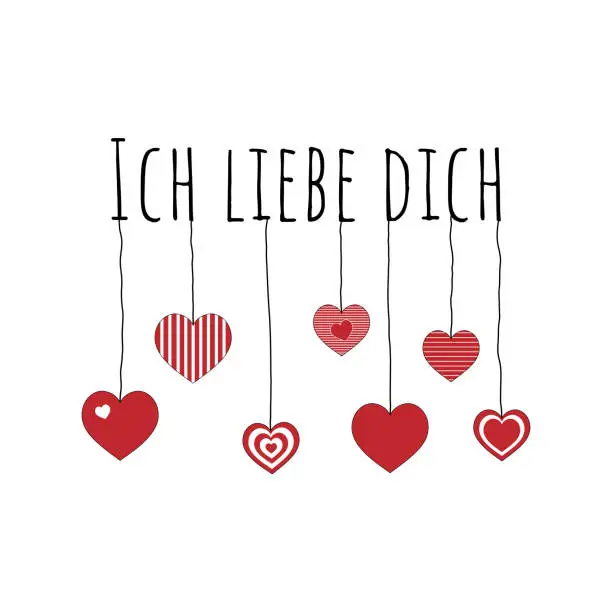 Vector illustration of Ich liebe dich - text in German - I love you. Love message with hanging hearts.