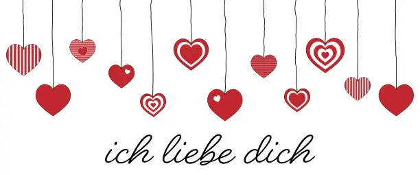 Vector illustration of Ich liebe dich - text in German - I love you. Love message with red and white hearts.