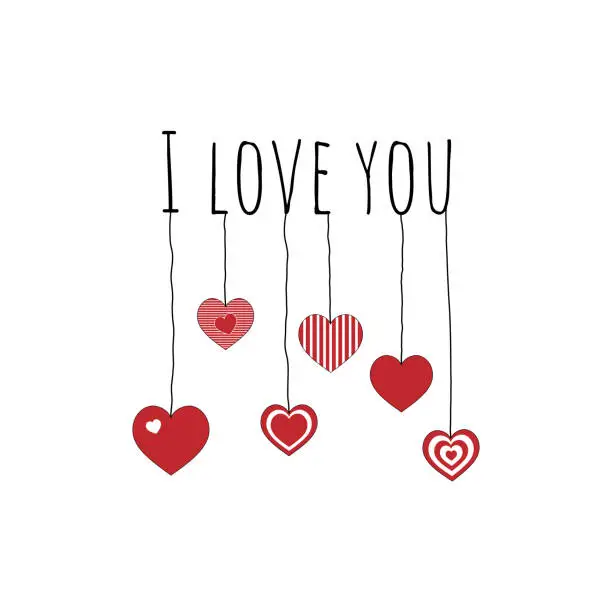 Vector illustration of I love you. Love message with hanging hearts.