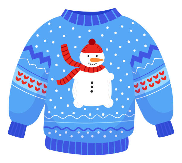 istock Blue Christmas sweater with a cute snowman design, red scarf, and heart patterns, perfect for festive holiday fashion. Seasonal knitwear featuring a cheerful snowman in a winter setting for cozy warmth 1959925711