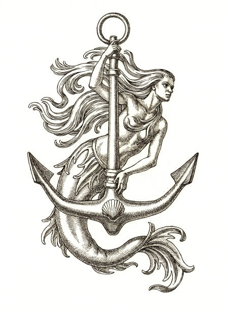 Ink and pen drawing, mermaid with anchore on white background.