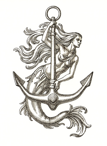 Ink and pen drawing, mermaid with anchore on white background.