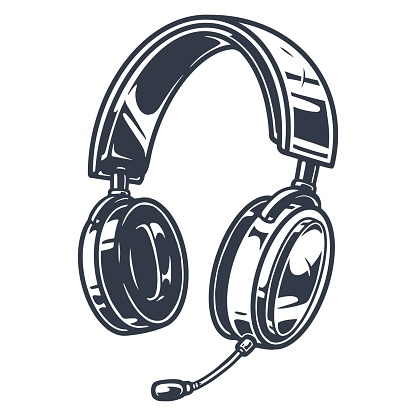 Headphones with microphone label monochrome with wireless headset for gamers communicating with each other while playing vector illustration