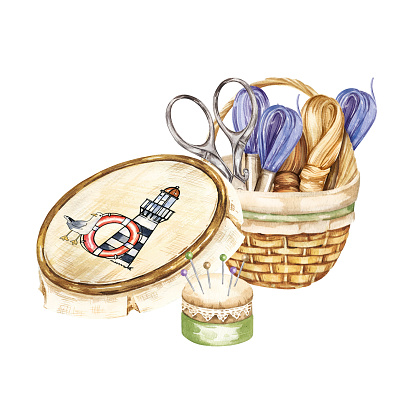watercolor composition with embroidery tools, hand drawn sketch of handiwork with needlework basket, scissors, flosses, yarn, pincushion, embroidery frame with picture, isolated on white background, for handiwork logo, decoration