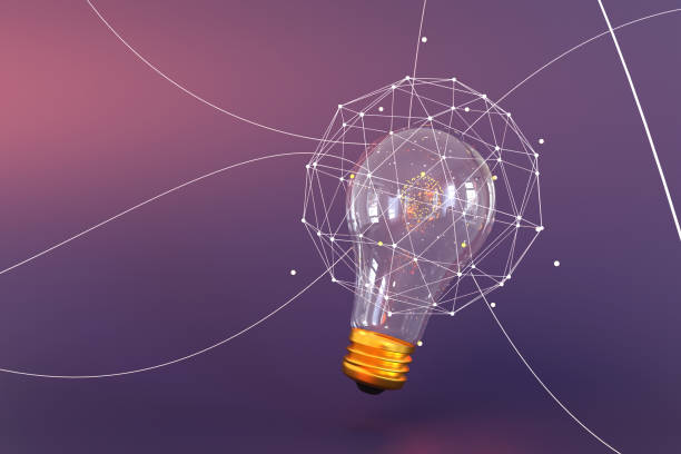 istock Lightbulb inside a spherical mesh on purple background. Illustration of the concept of idea, intelligence and discovery 1959941628