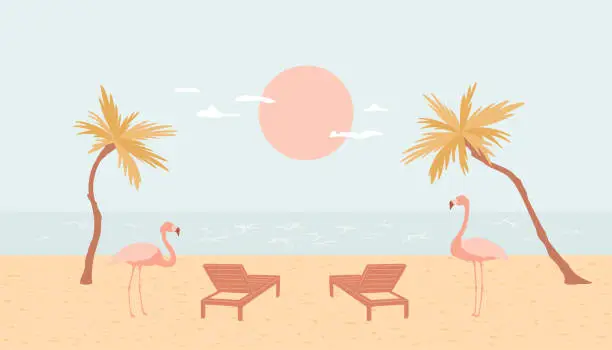 Vector illustration of Relaxing on the beach near the sea, sun beds, flamingos and palm trees.