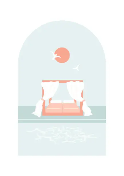 Vector illustration of Bed with airy curtains near the sea. The sun is in the sky.