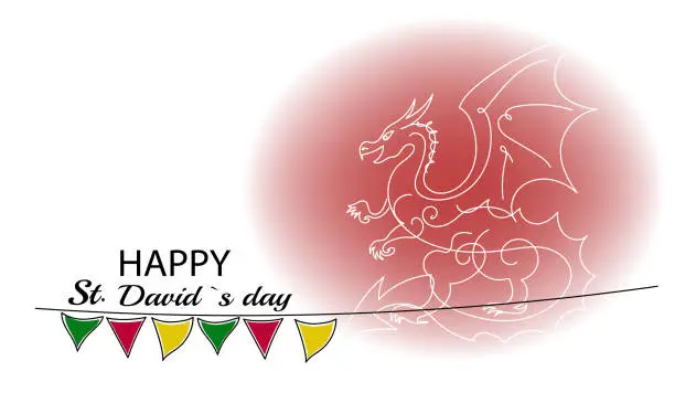 Vector illustration of Happy St David's Day. Welsh Dragons and Yellow Daffodils. One continuous line drawing of narcissus with lettering David day. Vector illustration.