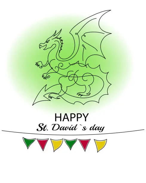 Vector illustration of Happy St David's Day. Welsh Dragons and Yellow Daffodils. One continuous line drawing of narcissus with lettering David day. Vector illustration.