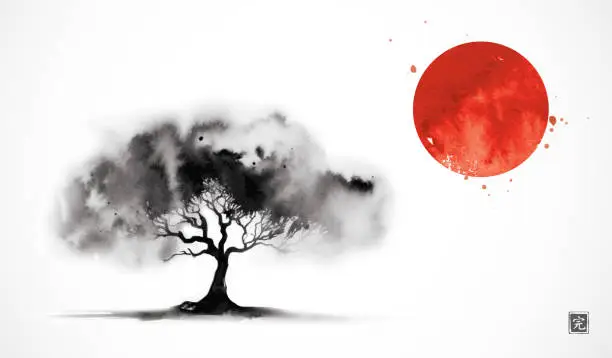 Vector illustration of Landscape with big tree with wide crown in a field and big red sun. Traditional oriental ink painting sumi-e, u-sin, go-hua. Translation of hieroglyph - perfection