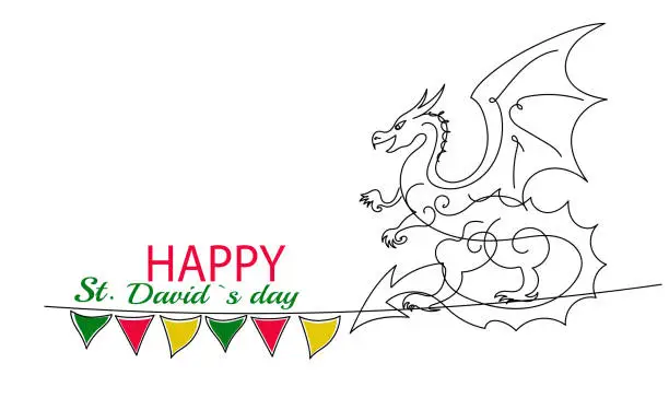 Vector illustration of Happy St David's Day. Welsh Dragons and Yellow Daffodils. One continuous line drawing of narcissus with lettering David day. Vector illustration.