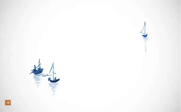 Vector illustration of Ink painting of blue fishing boats in minimalist style on white background. Traditional oriental ink painting sumi-e, u-sin, go-hua on white glowing background. Translation of hieroglyph - zen