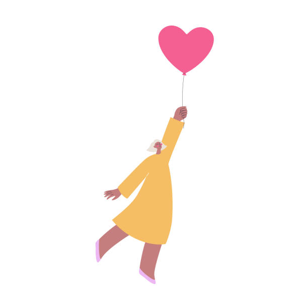 istock Happy woman flying with a heart shaped balloon. St Valentine Day celebration illustration 1959960474