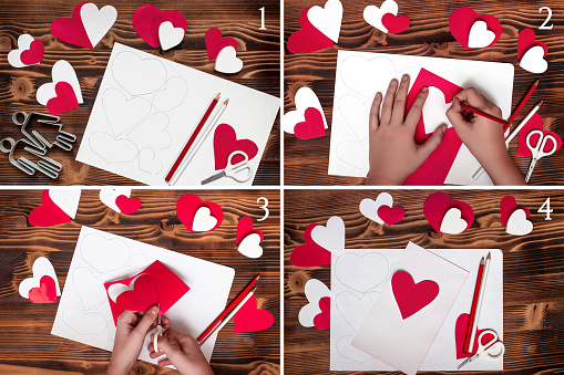 Step-by-step instruction to create paper blank in form of a heart for a valentine, garlands of hearts, or postcards