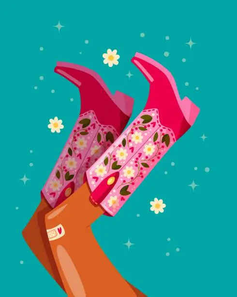 Vector illustration of Woman legs with cowboy boots decorated with flowers. Cowgirl with cowboy boots. American western theme. Colorful vibrant vector illustration.